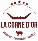 Logo La Corne d'Or - Boucherie, Charcuterie et Traiteur Logo La Corne d'Or : boucherie, charcuterie, traiteur avec cornes stylisées, étoiles et silhouette de bœuf.